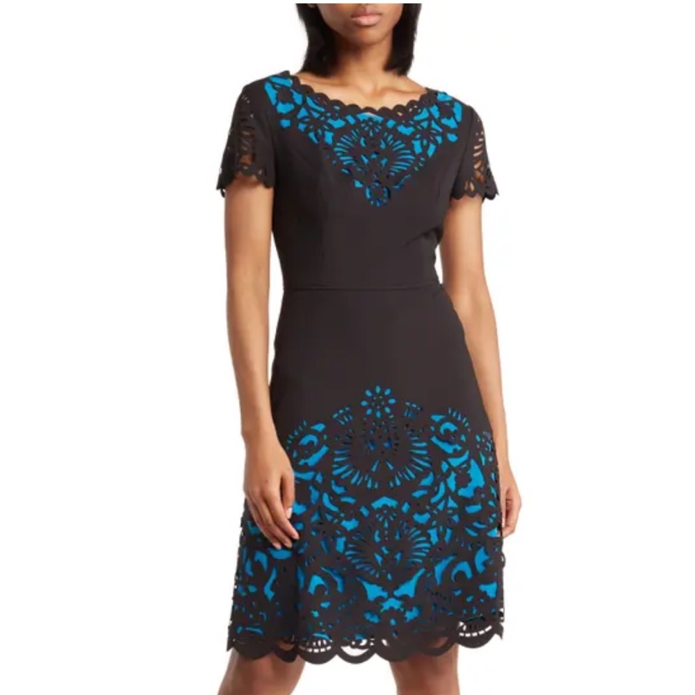 FOCUS by Shani Black and Blue Sheath Dress for Wedding Guest